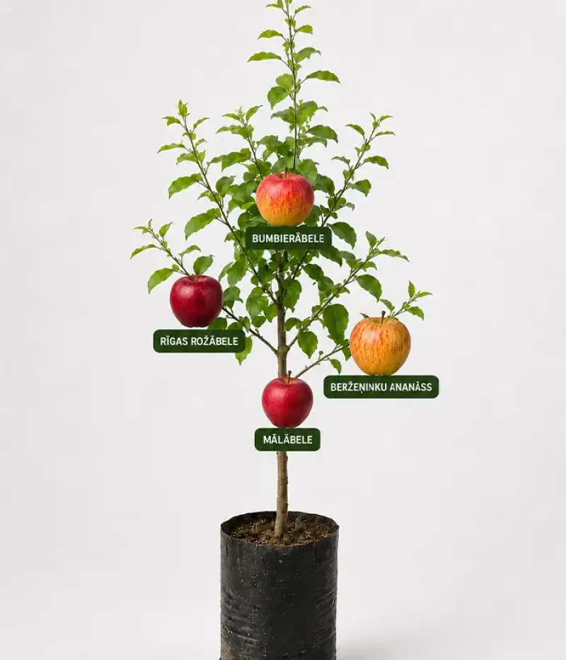 Familien-Apfelbaum (Malus domestica) BUMBIERĀBELE + RĪGAS ROŽĀBELE + BERŽEŅINKU ANANĀSS + MĀLĀBELE - Tutifruti, s.r.o.