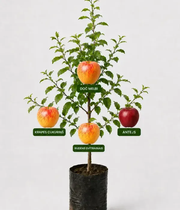 Familien-Apfelbaum (Malus domestica) KRAPES CUKURIŅŠ + DOČ MELBI + RUDENS SVĪTRAINAIS + ANTEJS 26/6