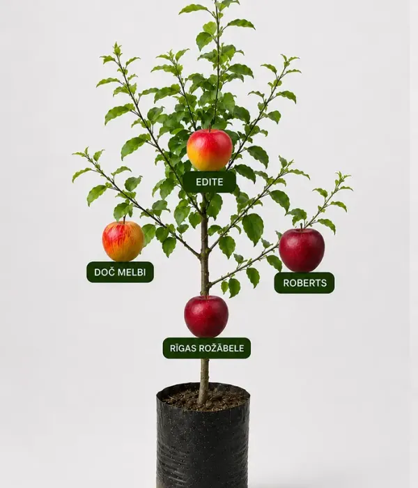 Familien-Apfelbaum (Malus domestica) ROBERTS + RĪGAS ROŽĀBELE + DOČ MELBI + EDĪTE